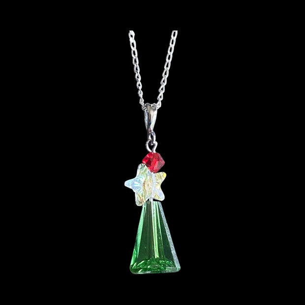 Christmas Tree Necklace, Crystal Pendant Sterling Silver Holiday Jewelry, Christmas Gift Festive Accessor, Sparkly Green Crystal Tree Design