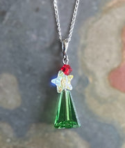 Christmas Tree Necklace, Crystal Pendant Sterling Silver Holiday Jewelry, Christmas Gift Festive Accessor, Sparkly Green Crystal Tree Design