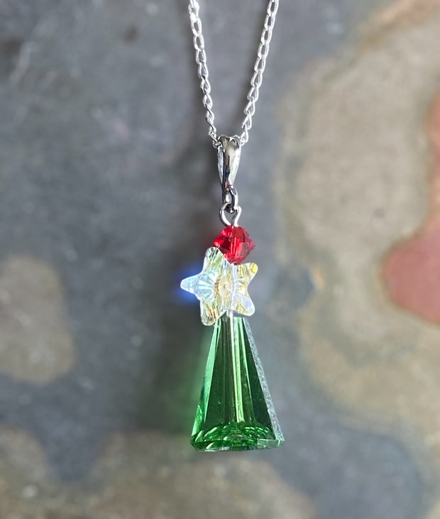 Christmas Tree Necklace, Crystal Pendant Sterling Silver Holiday Jewelry, Christmas Gift Festive Accessor, Sparkly Green Crystal Tree Design