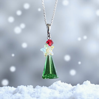 Christmas Tree Necklace, Crystal Pendant Sterling Silver Holiday Jewelry, Christmas Gift Festive Accessor, Sparkly Green Crystal Tree Design
