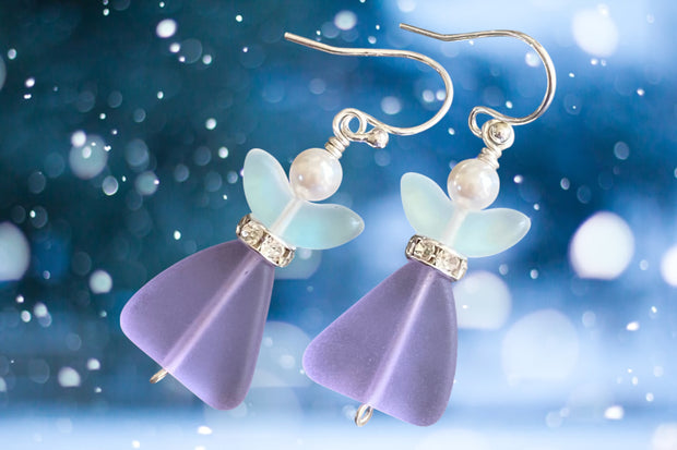 Angel dangling earrings, Sea Glass Angel Guardian Earrings