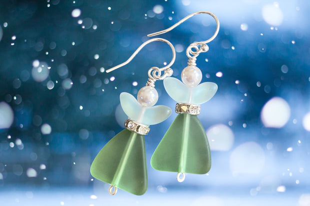 Angel dangling earrings, Sea Glass Angel Guardian Earrings