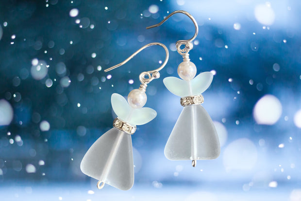 Angel dangling earrings, Sea Glass Angel Guardian Earrings