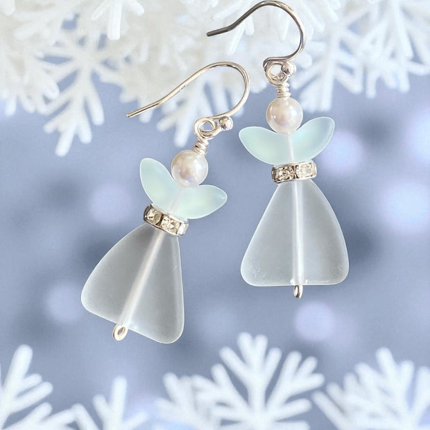Angel dangling earrings, Sea Glass Angel Guardian Earrings
