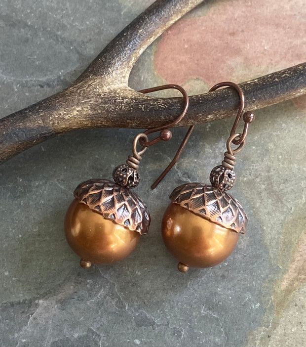 Copper Pearl Acorn Earrings,  Autumn Acorn Jewelry,  Harvest Thanksgiving Jewelry