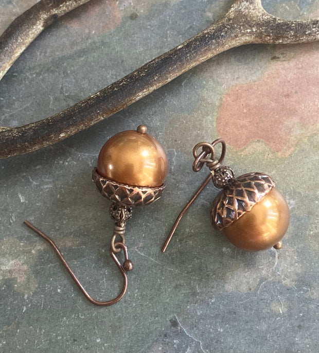 Copper Pearl Acorn Earrings,  Autumn Acorn Jewelry,  Harvest Thanksgiving Jewelry