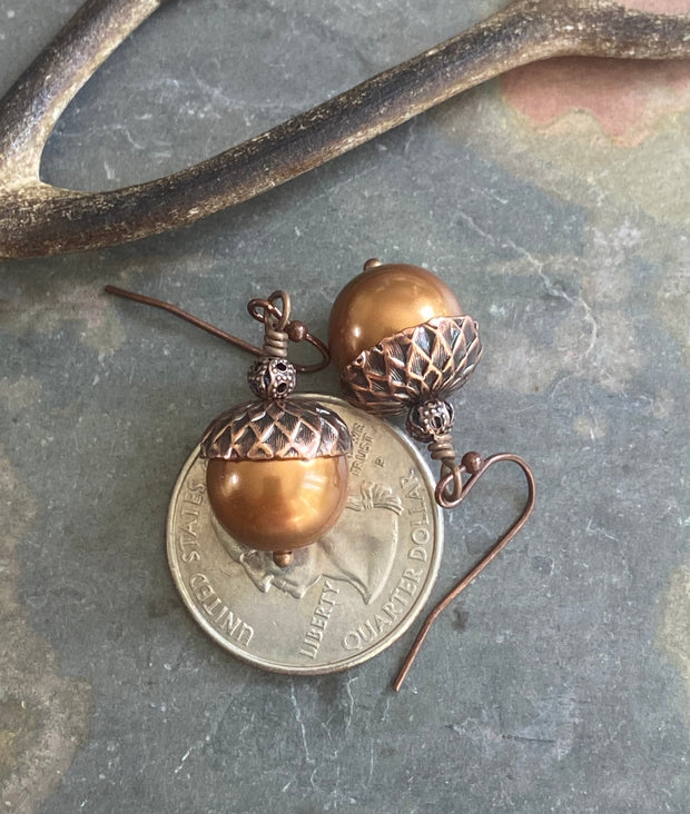 Copper Pearl Acorn Earrings,  Autumn Acorn Jewelry,  Harvest Thanksgiving Jewelry
