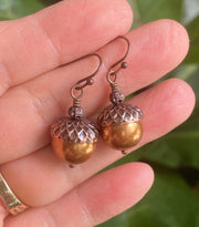 Copper Pearl Acorn Earrings,  Autumn Acorn Jewelry,  Harvest Thanksgiving Jewelry