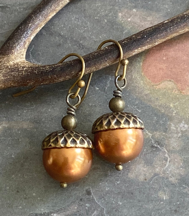 Acorn Copper Brass Necklace and Earring Set-Fall/Autumn jewelry, Bridal/Bridesmaid Necklace and Earrings
