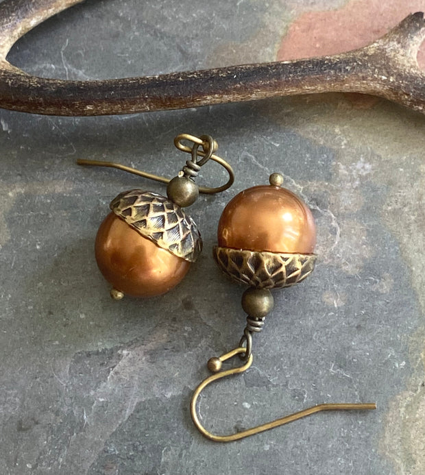 Acorn Copper Brass Necklace and Earring Set-Fall/Autumn jewelry, Bridal/Bridesmaid Necklace and Earrings