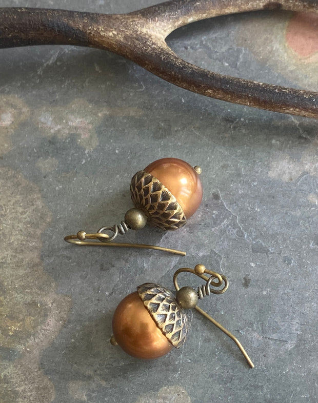Acorn Copper Brass Necklace and Earring Set-Fall/Autumn jewelry, Bridal/Bridesmaid Necklace and Earrings