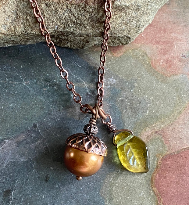 Acorn Copper Brass Necklace and Earring Set-Fall/Autumn jewelry, Bridal/Bridesmaid Necklace and Earrings
