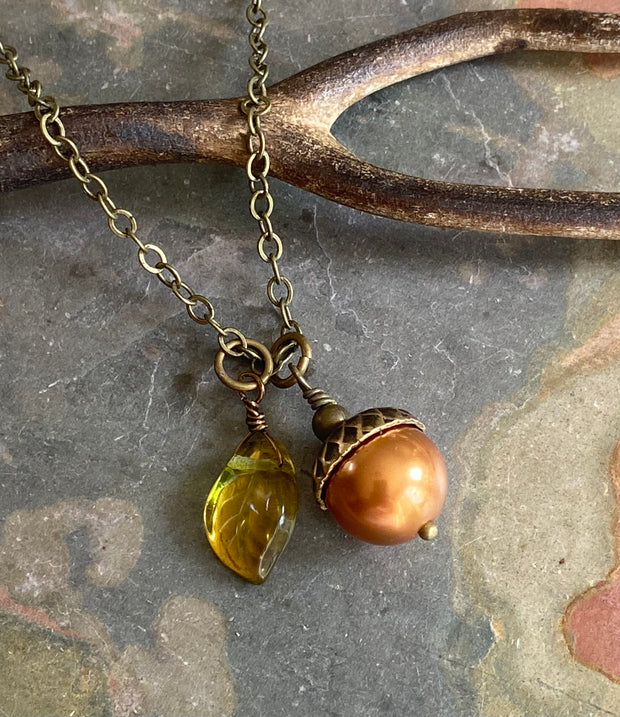 Acorn Copper Brass Necklace and Earring Set-Fall/Autumn jewelry, Bridal/Bridesmaid Necklace and Earrings
