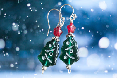 Handcrafted Christmas green tree earrings with red star beads and sterling silver hooks