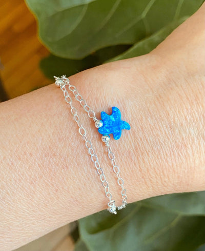 Sterling silver starfish anklet with blue opal charm and double-strand chain beach jewelry