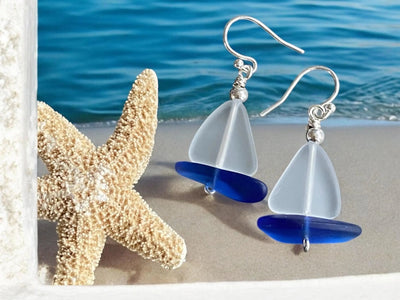 White Sea Glass Sailboat Earrings in Sterling Silver, Ocean-Inspired Beach Glass Sailboat Sunny Sea Glass Jewelry