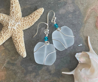 White semi transparent sea glass earrings with sterling silver wire wrapping and crystal accents