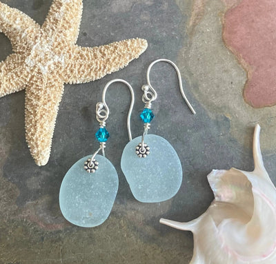 Wire wrapped sea glass jewelry sterling silver dangling seafoam blue earrings with Swarovski crystals and beach wedding style