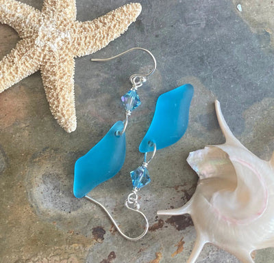 Wire wrapped sea glass jewelry blue earrings with sterling silver and Swarovski crystals