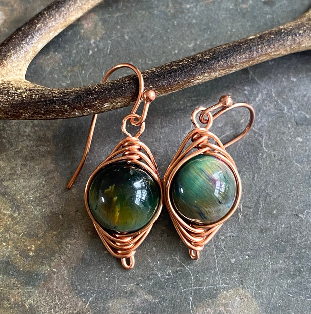 Tiger Eye Earrings, Wire Wrapped Cat Eye Aurora Tiger Eye Dangle Earrings, Gemstone Earrings, Orange Fire Agate Gemstone Earrings,