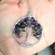 Hand crafted Tree of Life Necklace with Amethyst and Peridot in Sterling Silver, February and August Birthstone Tree of Life Necklace,