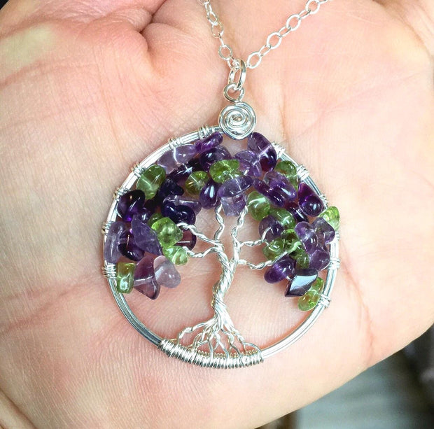 Hand crafted Tree of Life Necklace with Amethyst and Peridot in Sterling Silver, February and August Birthstone Tree of Life Necklace,