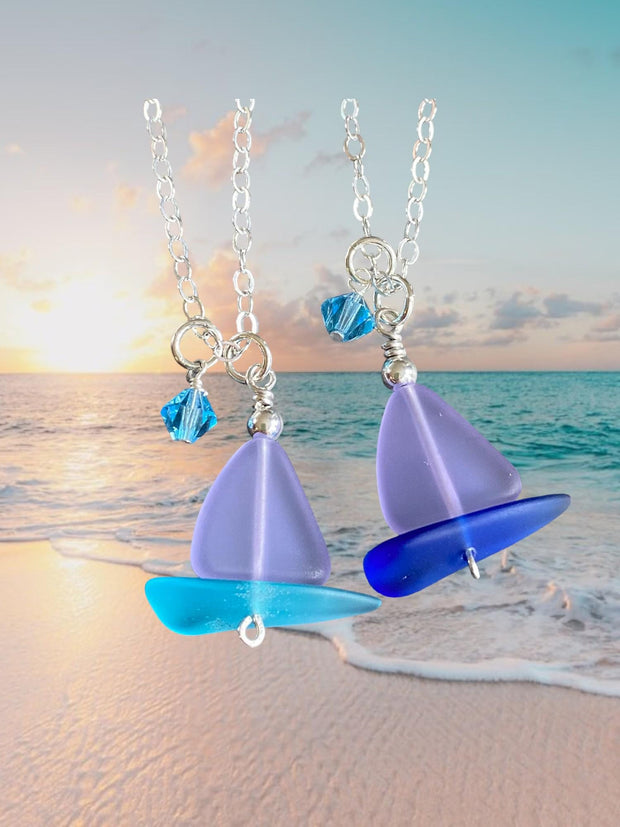 Sailboat Sea Glass Necklace, Periwinkle Sea Glass, Beach Wedding, Sea Glass Jewelry
