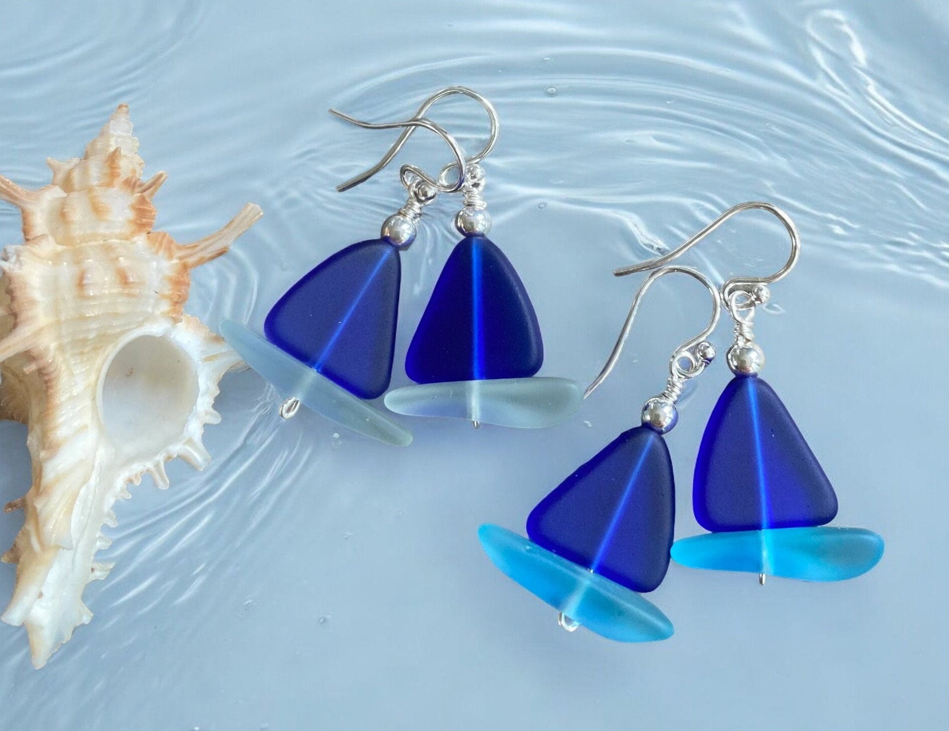 STERLING SILVER Sailboat Sea Glass Earrings, Cobalt Blue Sea Glass Earrings, Blue Sea Glass Earrings, Beach Weddings,, Sea glass