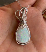 White Opal Necklace,STERLING Silver October Opal Birthstone Necklace,Wire Wrapped Lab Created White Opal Necklace,