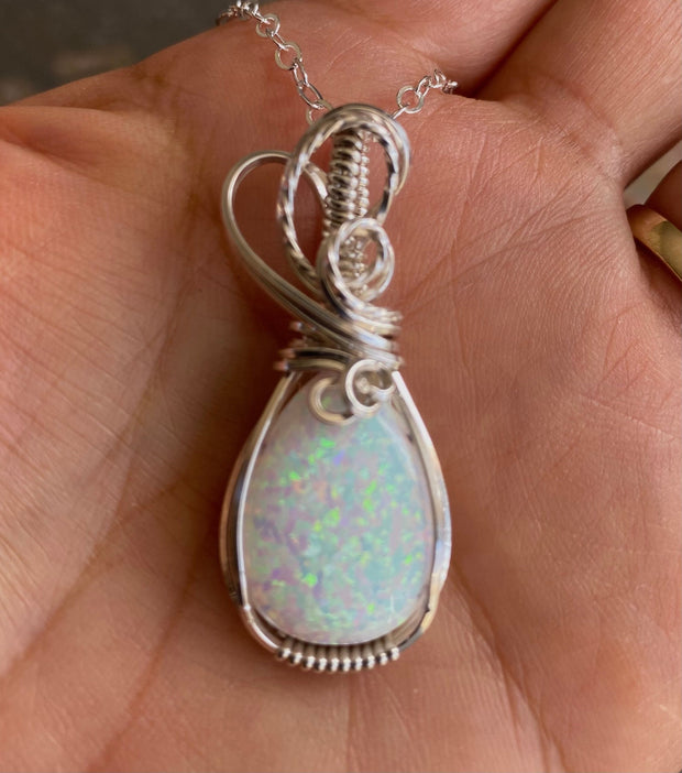 White Opal Necklace,STERLING Silver October Opal Birthstone Necklace,Wire Wrapped Lab Created White Opal Necklace,