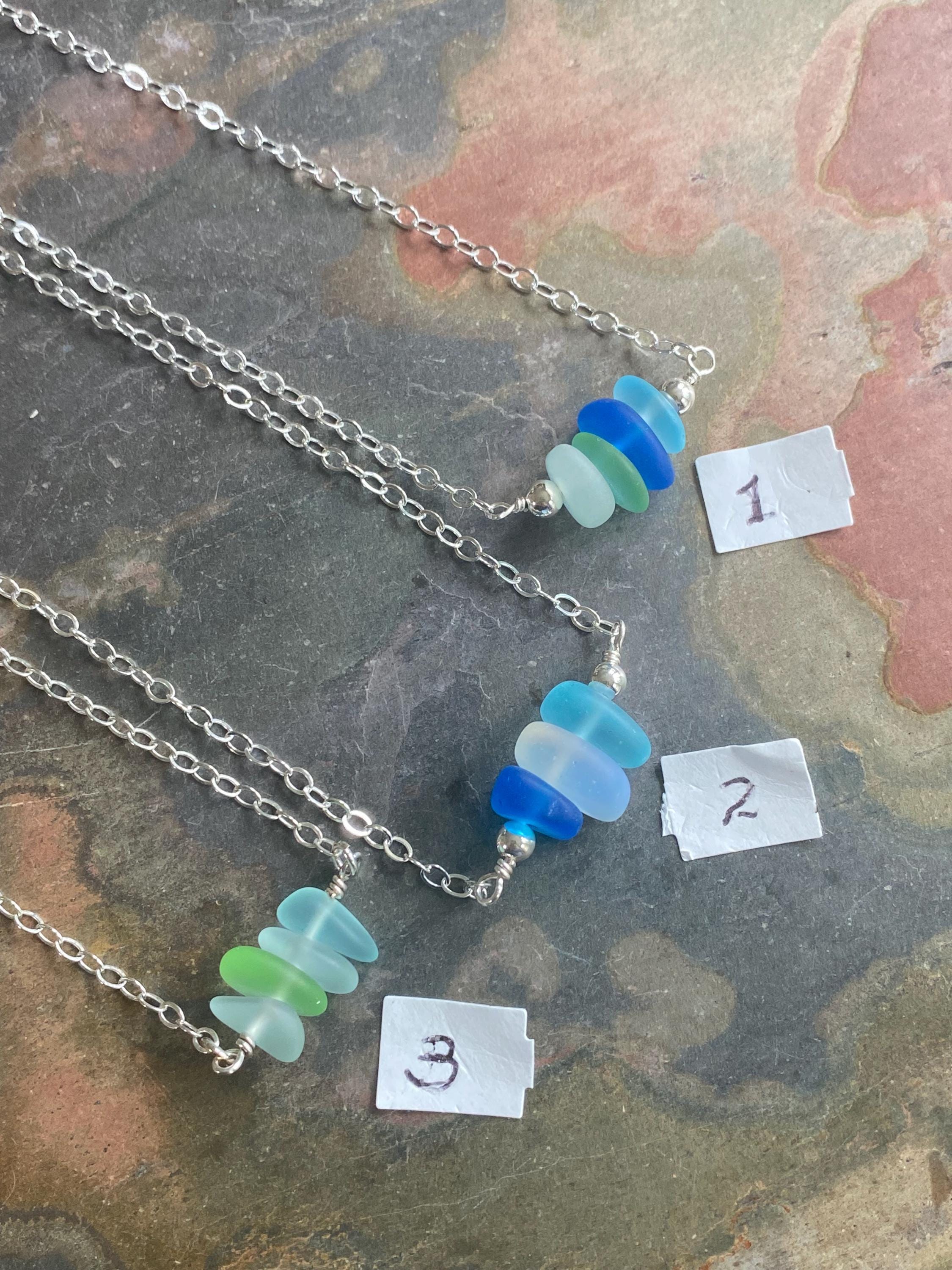 Sea Glass Necklace Beach Style Pendant with Sterling Silver Chain, Minimalist Design Ocean Light Weight Bohemian Necklace, Choose Colors