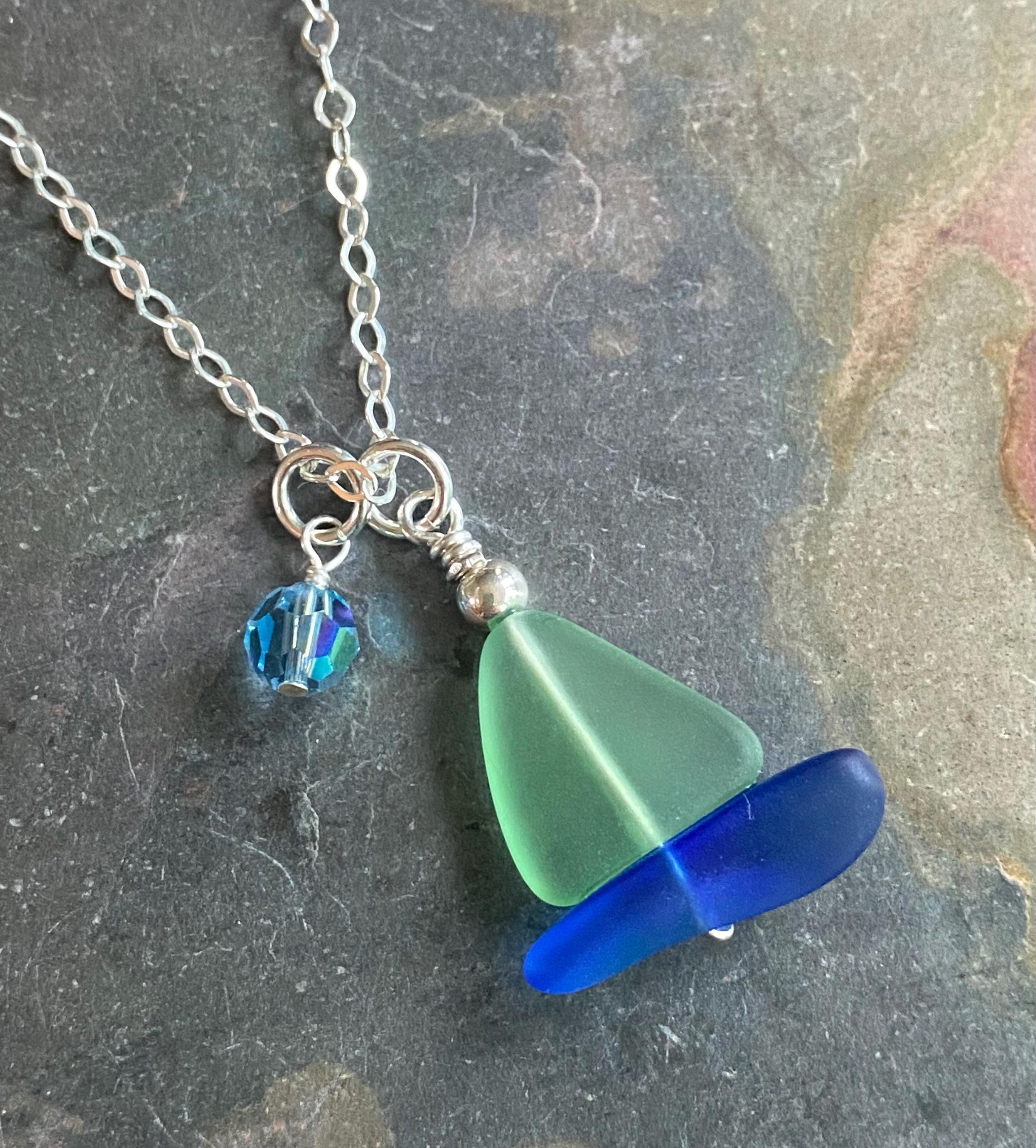 Sailboat Necklace, STERLING SILVER Peridot Green Beach Glass Sailboat Necklace, Green Sea GlassN ecklace, Nautical Sailboat Necklace
