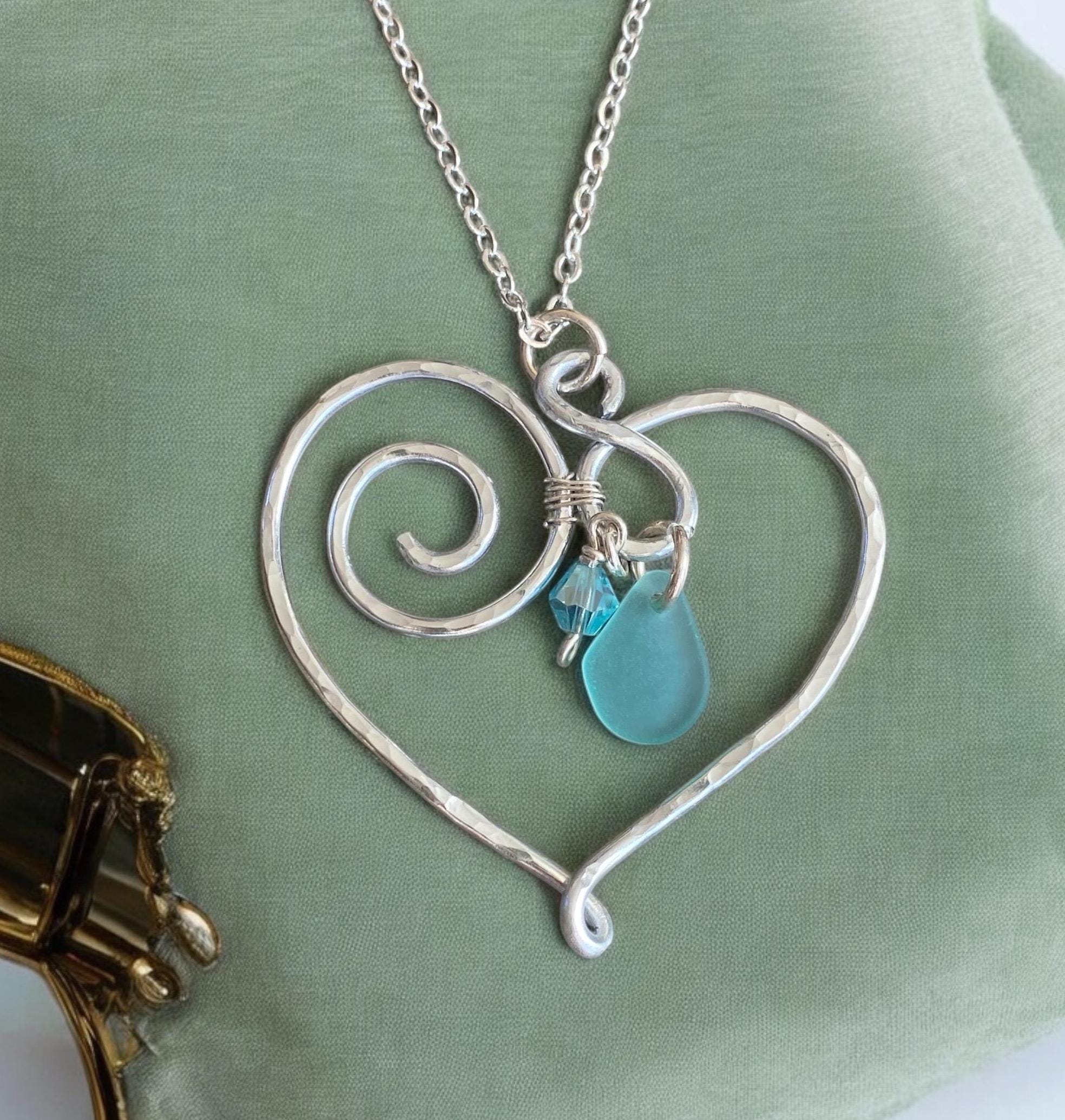 Wire Wrapped Heart Necklace with Sea Glass, Heart Pendant Necklace, Beach Glass Heart Necklace, Love Heart Necklace,Statement Wired Necklace