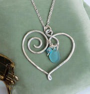 Wire Wrapped Heart Necklace with Sea Glass, Heart Pendant Necklace, Beach Glass Heart Necklace, Love Heart Necklace,Statement Wired Necklace