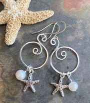 Handmade Sea Glass Starfish Silver Charm Dangling Earrings, Spiral Design Sea Glass Nautical Design Earrings, Coastal Ocean Theme Earrings
