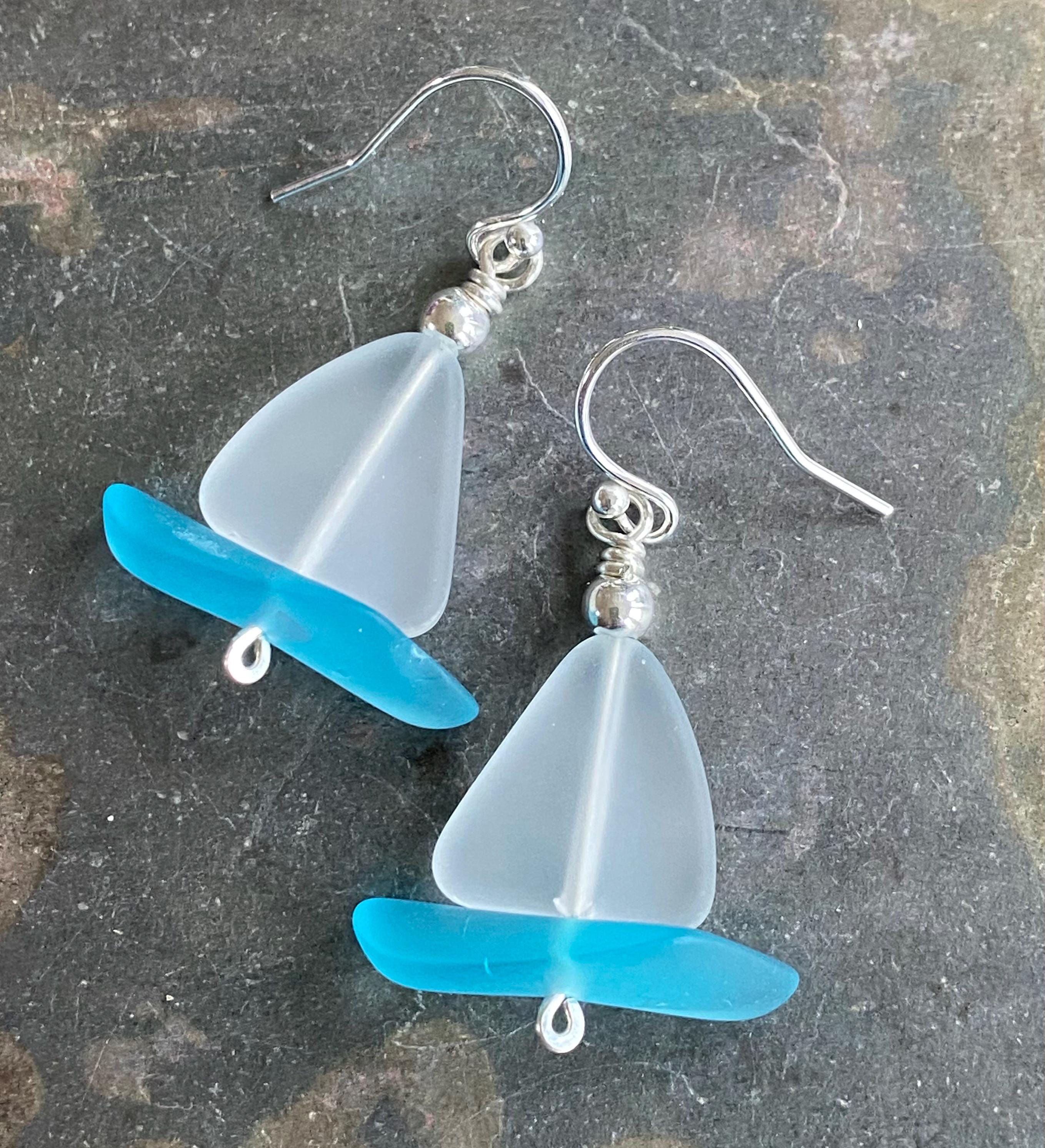Nautical White Sea Glass Sailboat Necklace & Earring SET in Sterling Silver, Ocean-Inspired Beach Glass Sailboat Necklace and Earring SET,