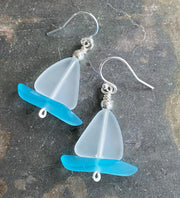 Nautical White Sea Glass Sailboat Necklace & Earring SET in Sterling Silver, Ocean-Inspired Beach Glass Sailboat Necklace and Earring SET,