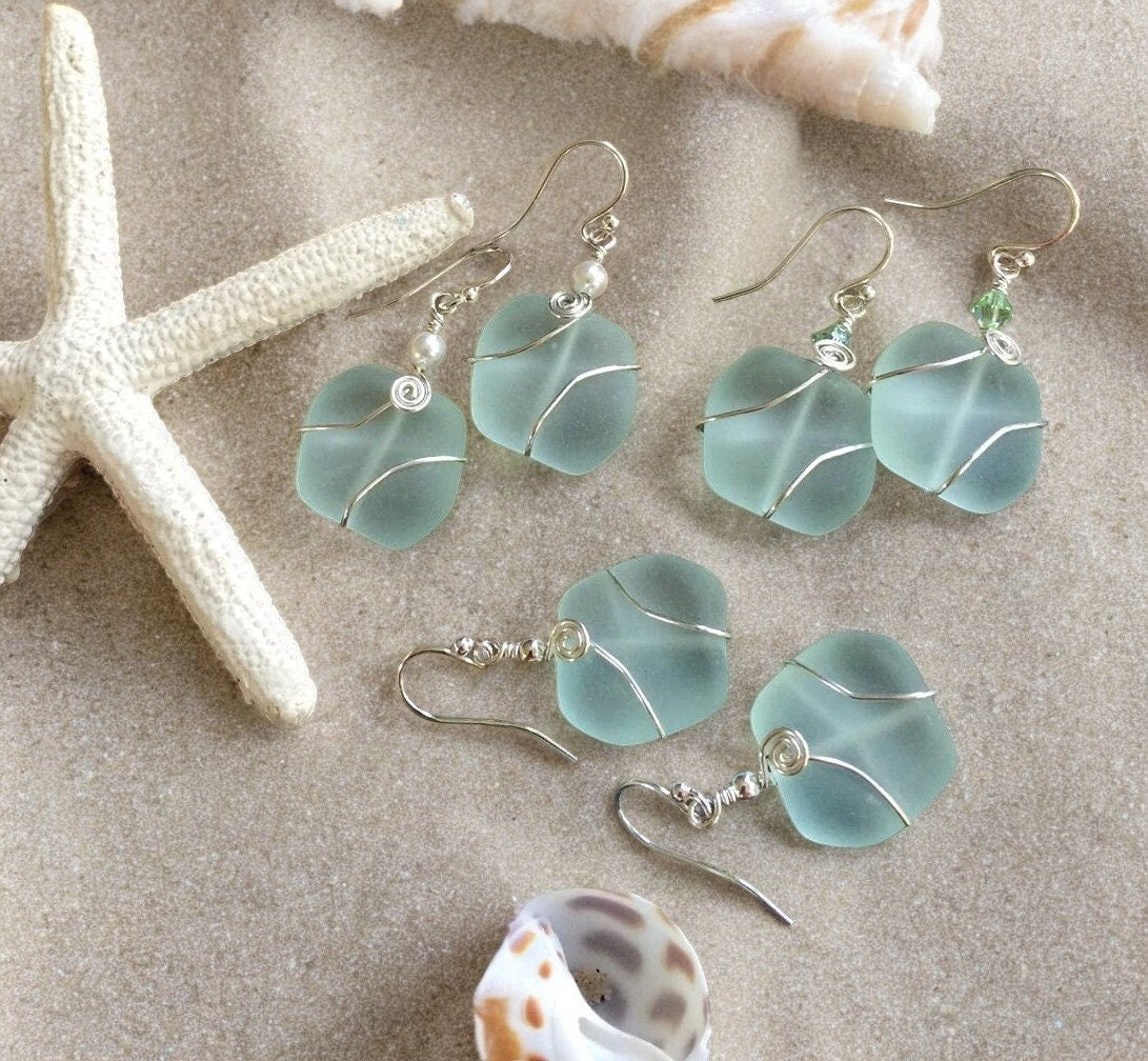 Seafoam Green Sea Glass Silver Earrings-Green  Recycled Glass Earrings in Sterling silver Earwires, Beach Weddings, Sea Glass  earrings