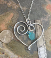 Wire Wrapped Heart Necklace with Sea Glass, Heart Pendant Necklace, Beach Glass Heart Necklace, Love Heart Necklace,Statement Wired Necklace