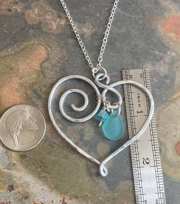 Wire Wrapped Heart Necklace with Sea Glass, Heart Pendant Necklace, Beach Glass Heart Necklace, Love Heart Necklace,Statement Wired Necklace