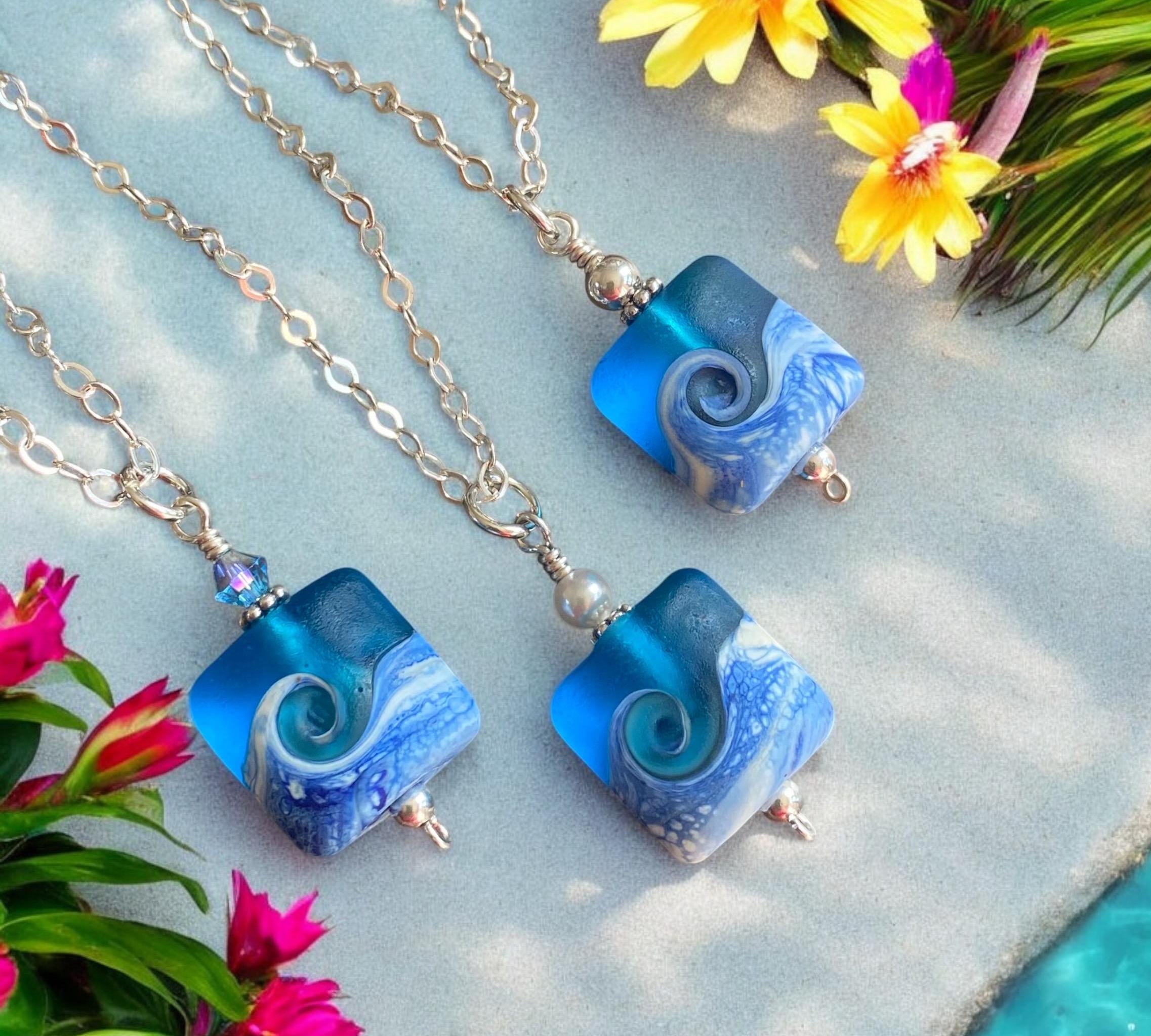 Ocean Beach Wave Necklace, Blue Beach Wave Necklace,Ocean Wave Lampwork Pendant, Beach Wave Jewelry, Blue Sea Glass Necklace sterling silver
