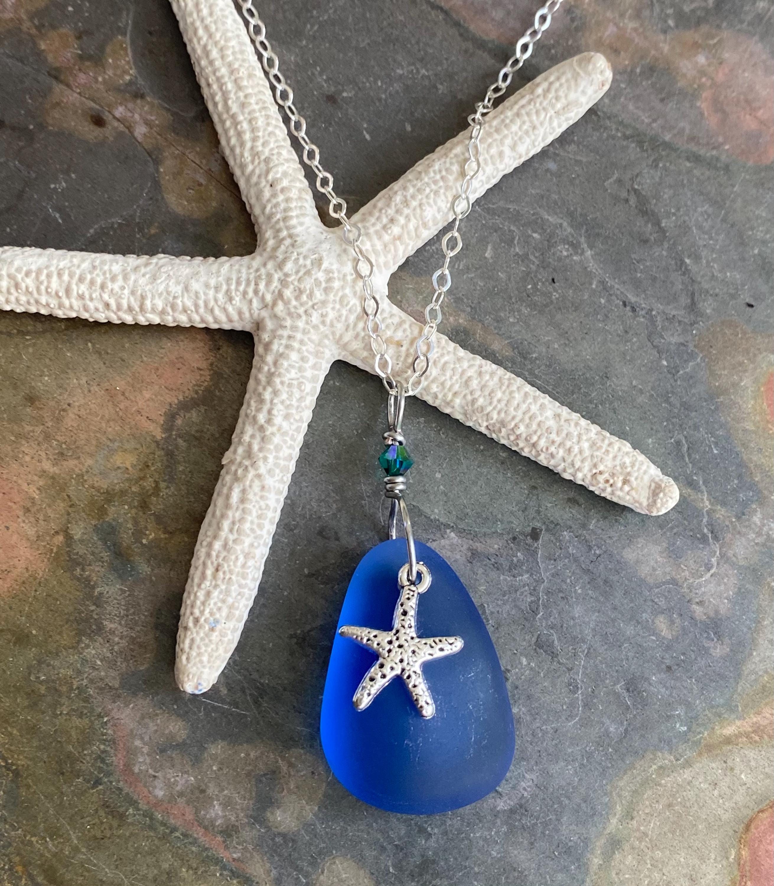 Beach Glass Necklace Starfish Charm in .925 Sterling Silver, Blue Sea Glass Necklace, Starfish Necklace, Wire Wrapped Blue Sea Glass Pendant