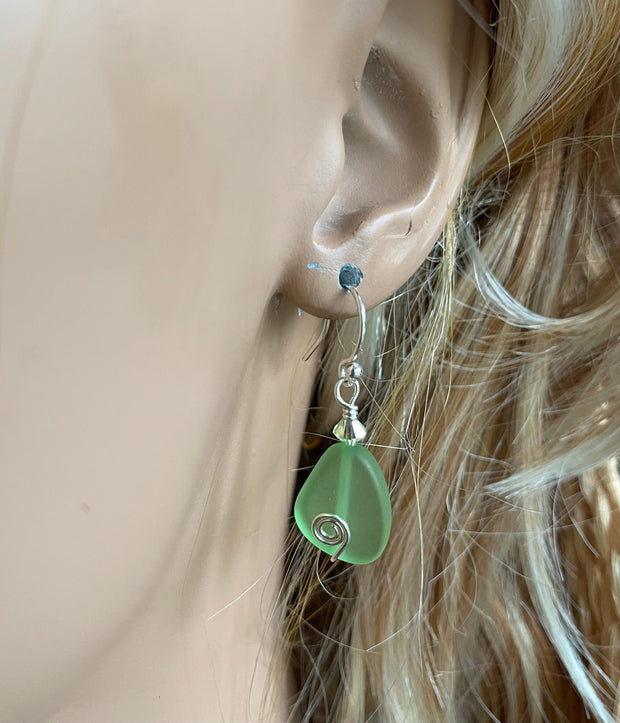 Sea Glass Earrings in STERLING SILVER,Light Green  Sea Glass Earrings, Beach Weddings, Beach Glass Jewelry, Peridot Sea glass Earrings,