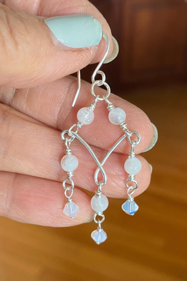 Moonstone Chandelier Earrings in Sterling Silver, Blue Flash Moonstone & Swarovski Crystal Dangles | Statement Bridal Earrings,
