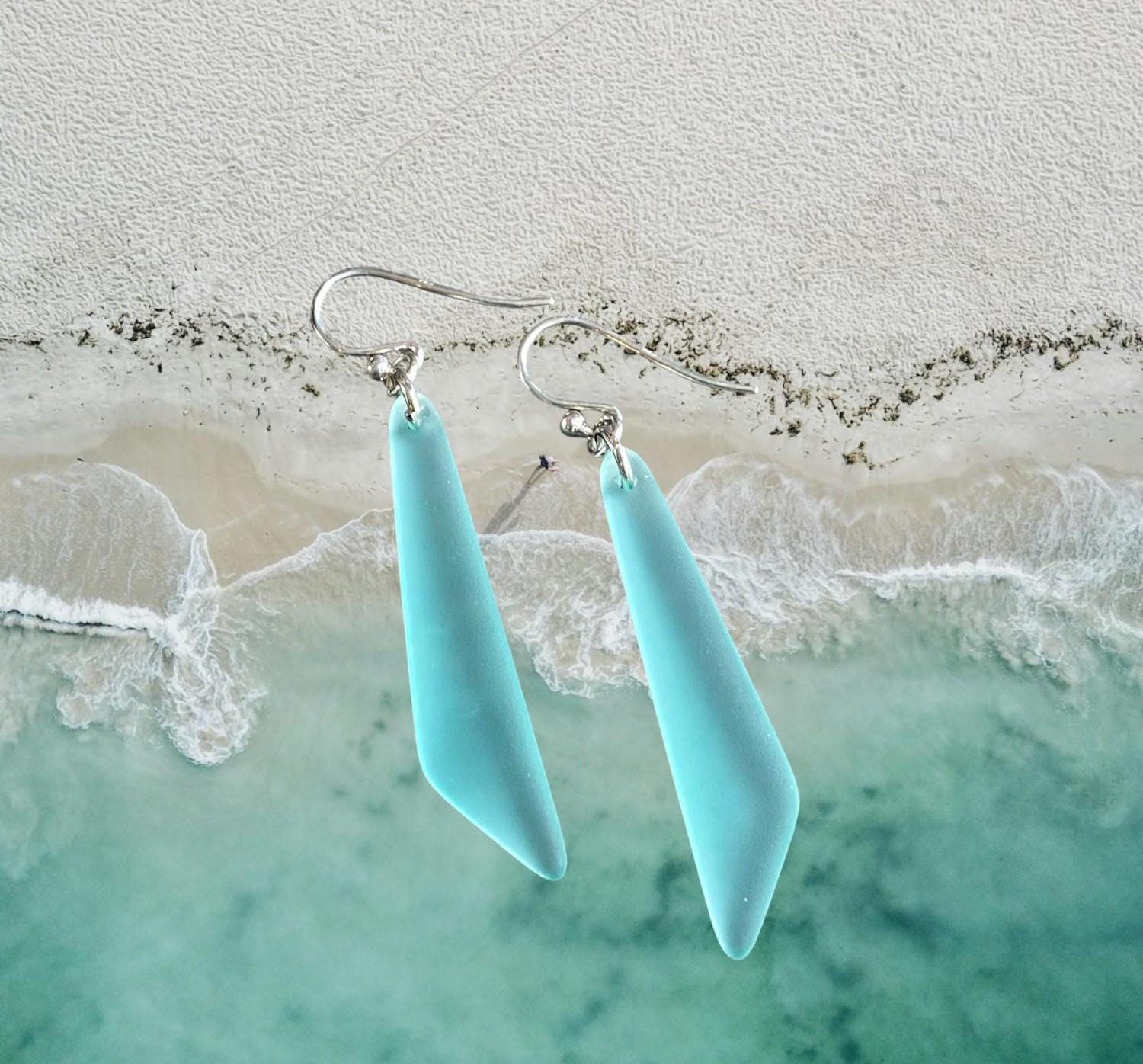 Wire wrapped Long Sea Glass Earrings in Sterling Silver, Aqua Blue Sea Glass Silver Earrings,Beach Weddings, Sea Glass Jewelry, Beach Glass
