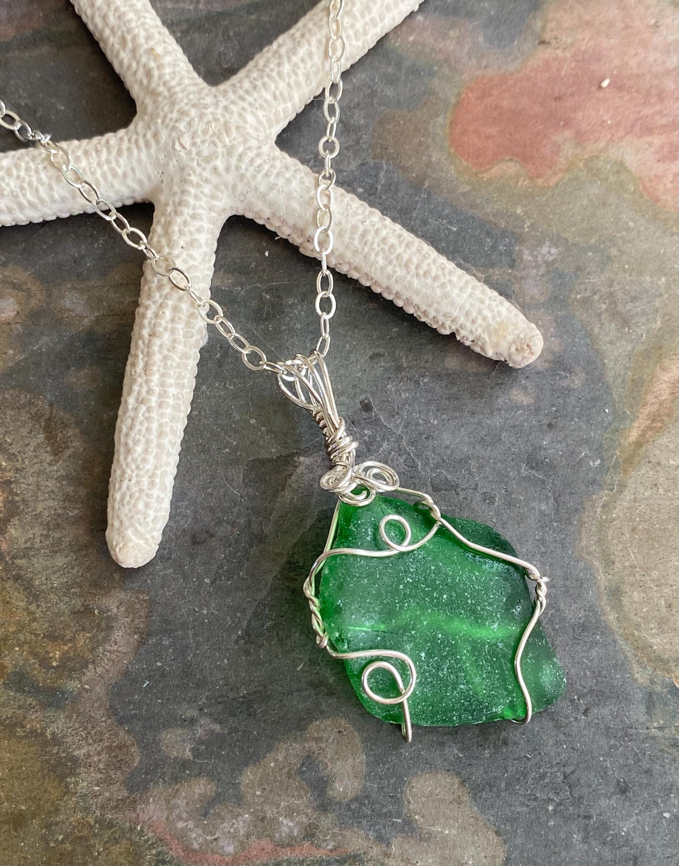 Green Seaglass Pendant Necklace in  Sterling Silver, Wire Wrapped Beach Glass Necklacefor Beach Lovers, Natual Peridot Green Sea Glass