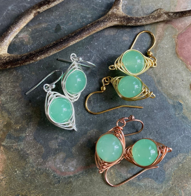 Jade Earrings in  Silver,Wire Wrapped Herringbone green Jade Dangle Earrings,May Birthstone earrings, Healing Gemstone Earrings