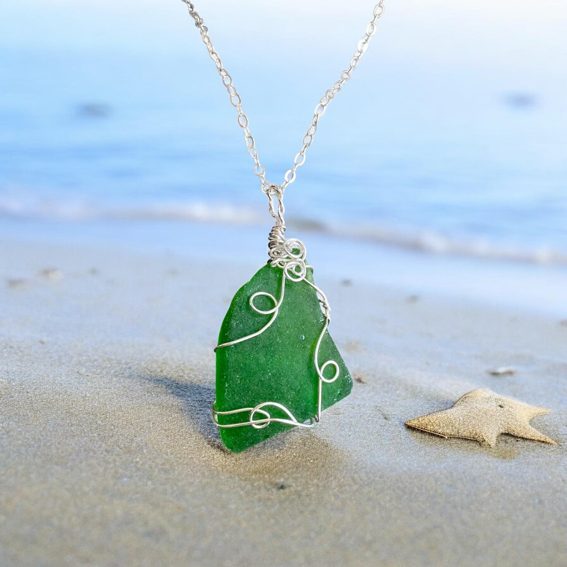 Green Beach Glass Necklace in Sterling Silver, Wire Wrapped Genuine Green Beach Glass Necklace, Sea Glass Jewelry, Ocean Treasure Necklace