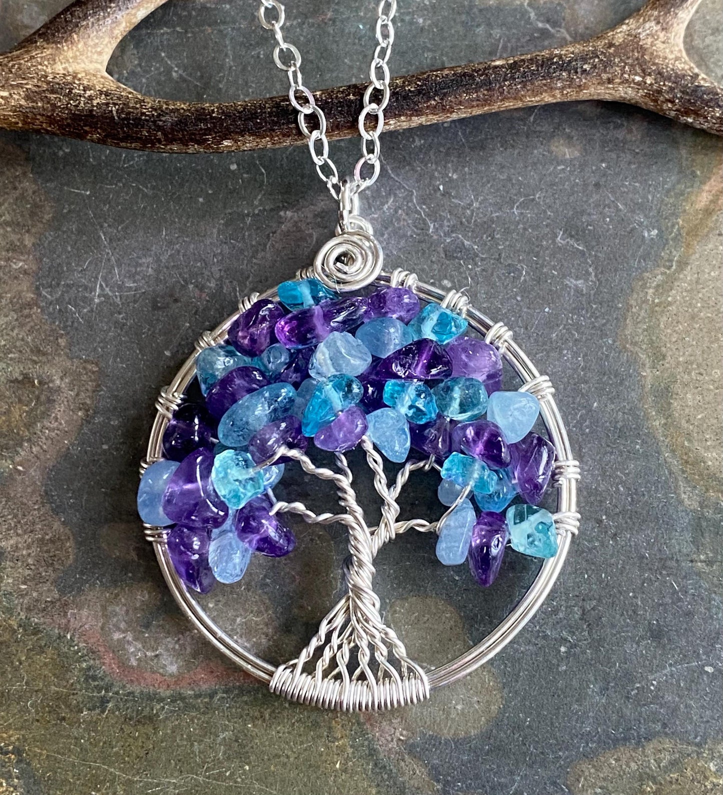 Birthstone Tree of Life necklace with amethyst and aquamarine, Amethyst and Aquamarine Tree of Life, Customizable Tree of Life necklace