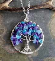 Birthstone Tree of Life necklace with amethyst and aquamarine, Amethyst and Aquamarine Tree of Life, Customizable Tree of Life necklace